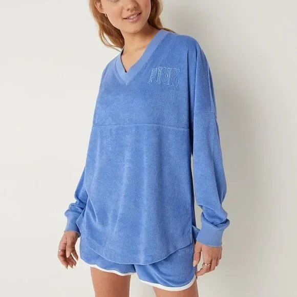 Victoria’s Secret Pink Varsity Terry Cloth V Neck Oversized Pullover - Picture 3 of 10